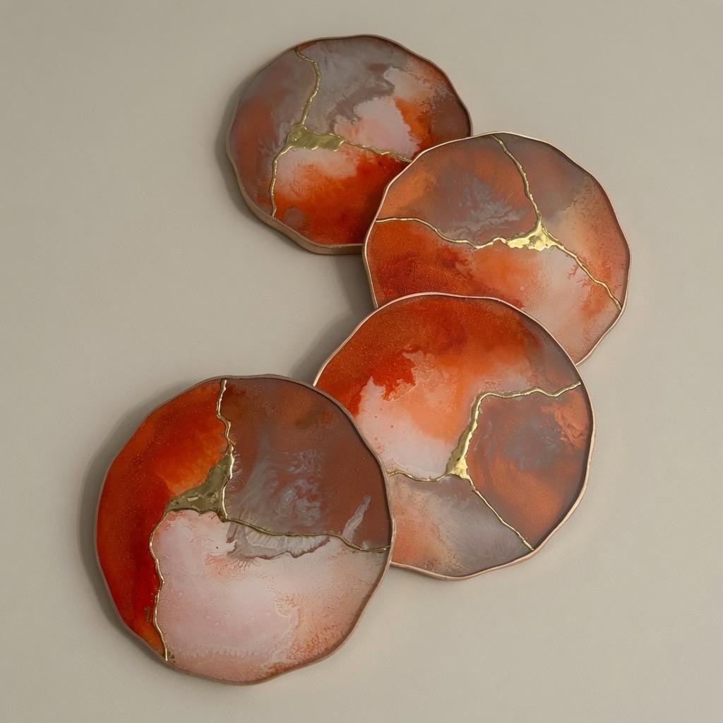 Kintsugi Gold Leaf | Epoxy Resin Coaster Set | Gold Edge Barware | Beige & Rust Red