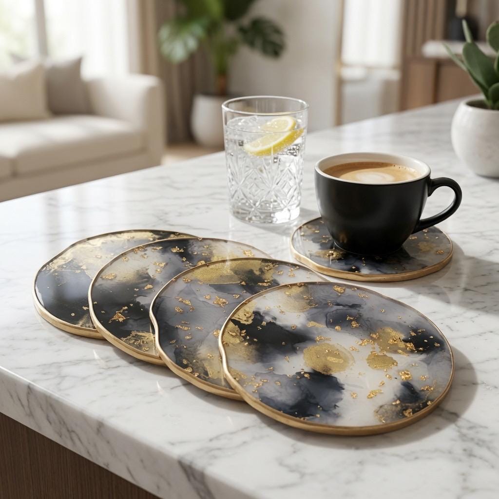 Black & White Gold Leaf | Epoxy Resin Coaster Set | Rustic Farmhouse Drinkware |