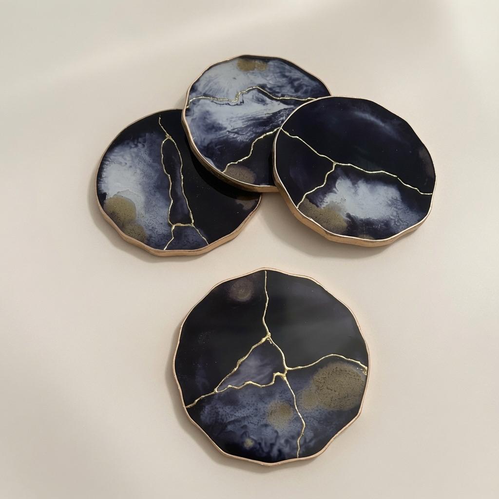 Kintsugi Gold Leaf | Epoxy Resin Coaster Set | Gold Edge Barware | Black & White