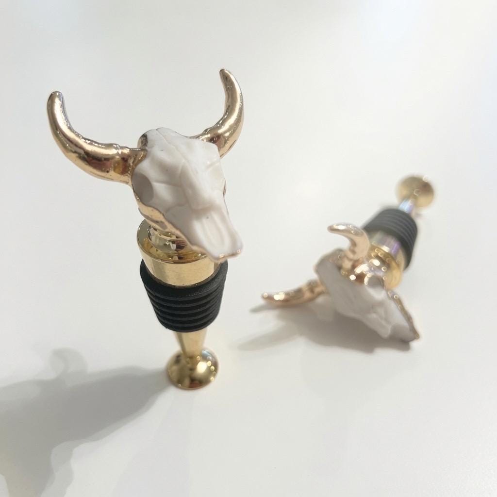 Longhorn Skull Wine Stopper | White | Gold Horns | Chrome Stem | Rustic Western Farmhouse Barware