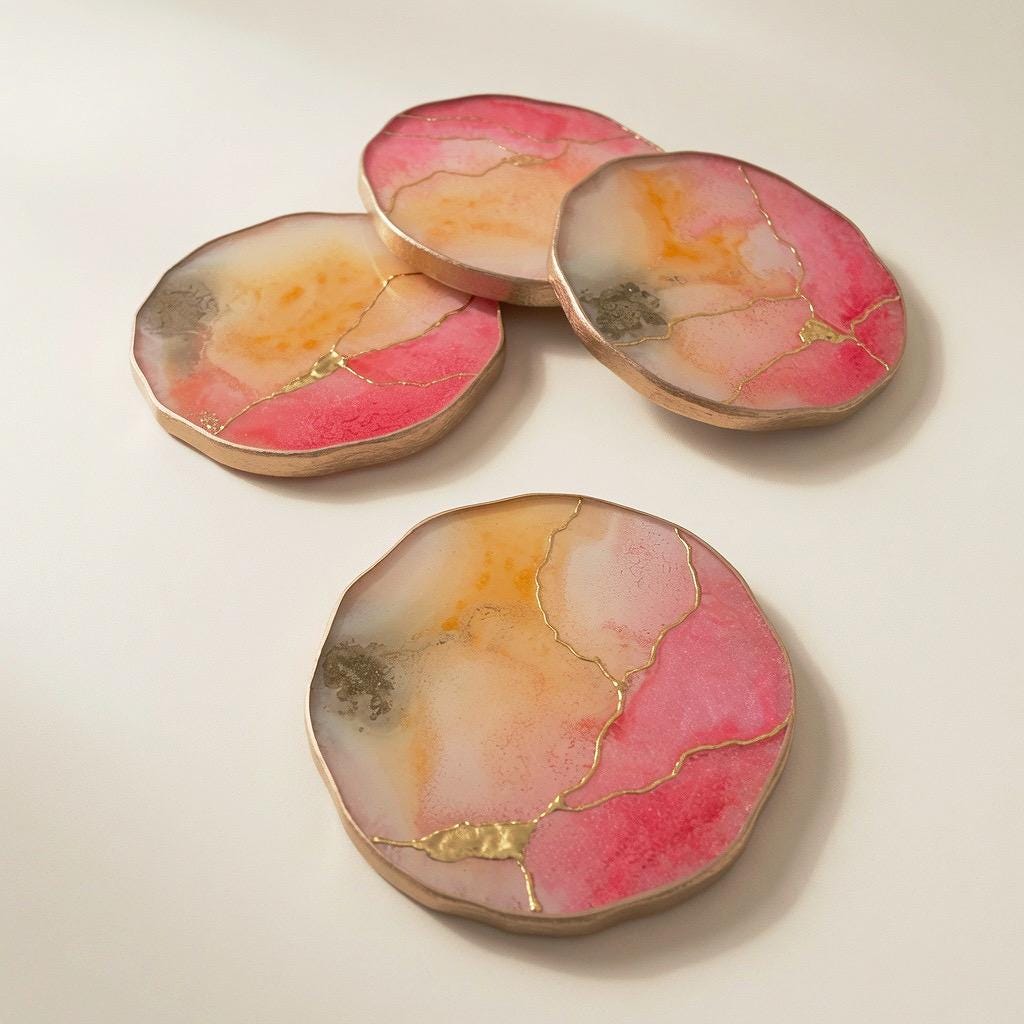 Kintsugi Gold Leaf | Epoxy Resin Coaster Set | Gold Edge Barware | Pink Quartz & Tangerine Orange