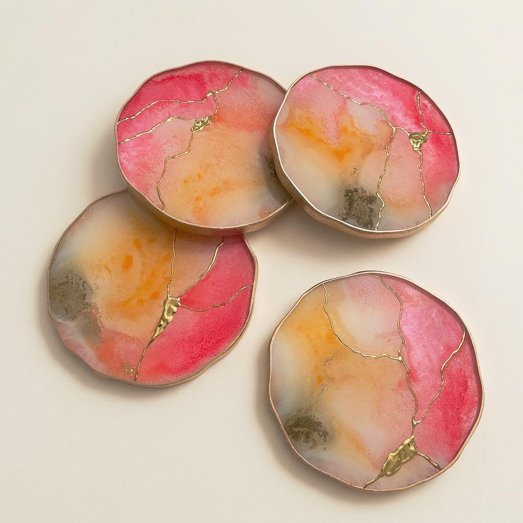Kintsugi Gold Leaf | Epoxy Resin Coaster Set | Gold Edge Barware | Pink Quartz & Tangerine Orange