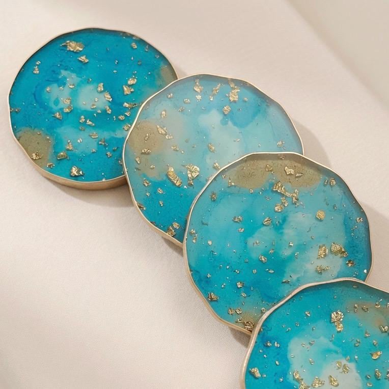 Turquoise and Gold Leaf - Gold Rim Drinkware - Epoxy Resin Coaster Set
