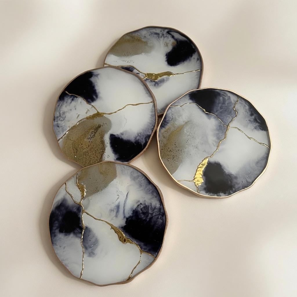 Kintsugi Gold Leaf | Epoxy Resin Coaster Set | Gold Edge Barware | Black & White