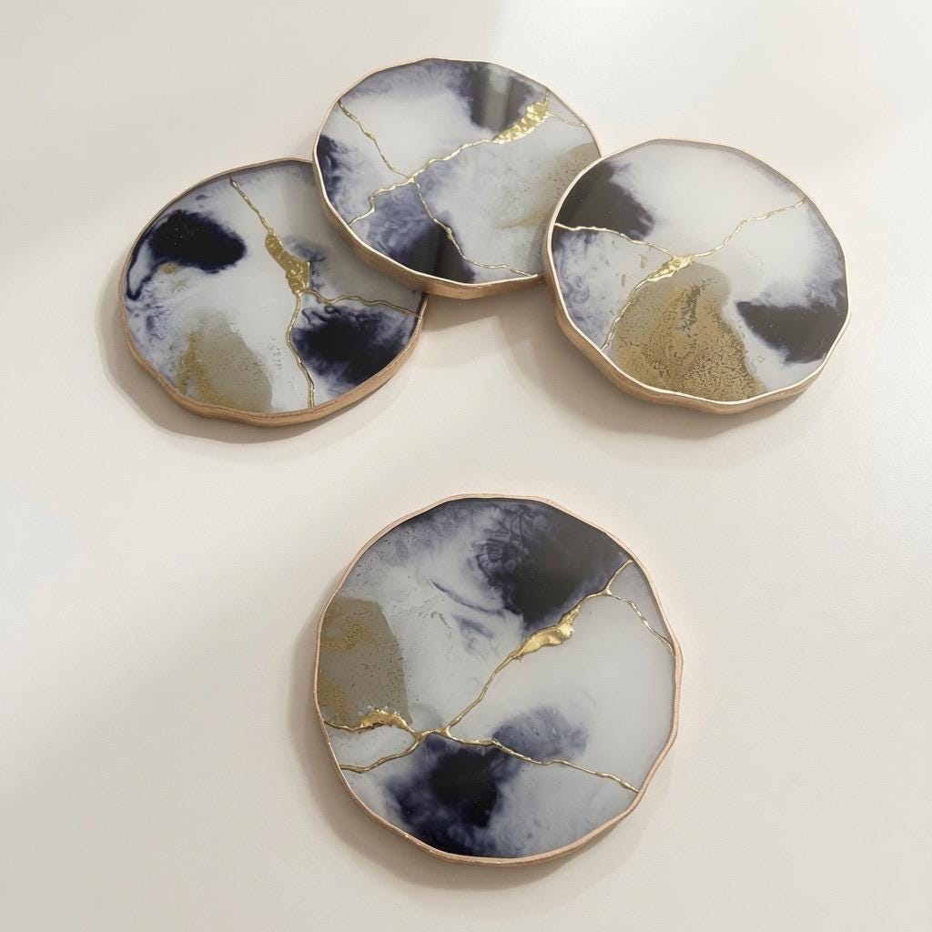 Kintsugi Gold Leaf | Epoxy Resin Coaster Set | Gold Edge Barware | Black & White