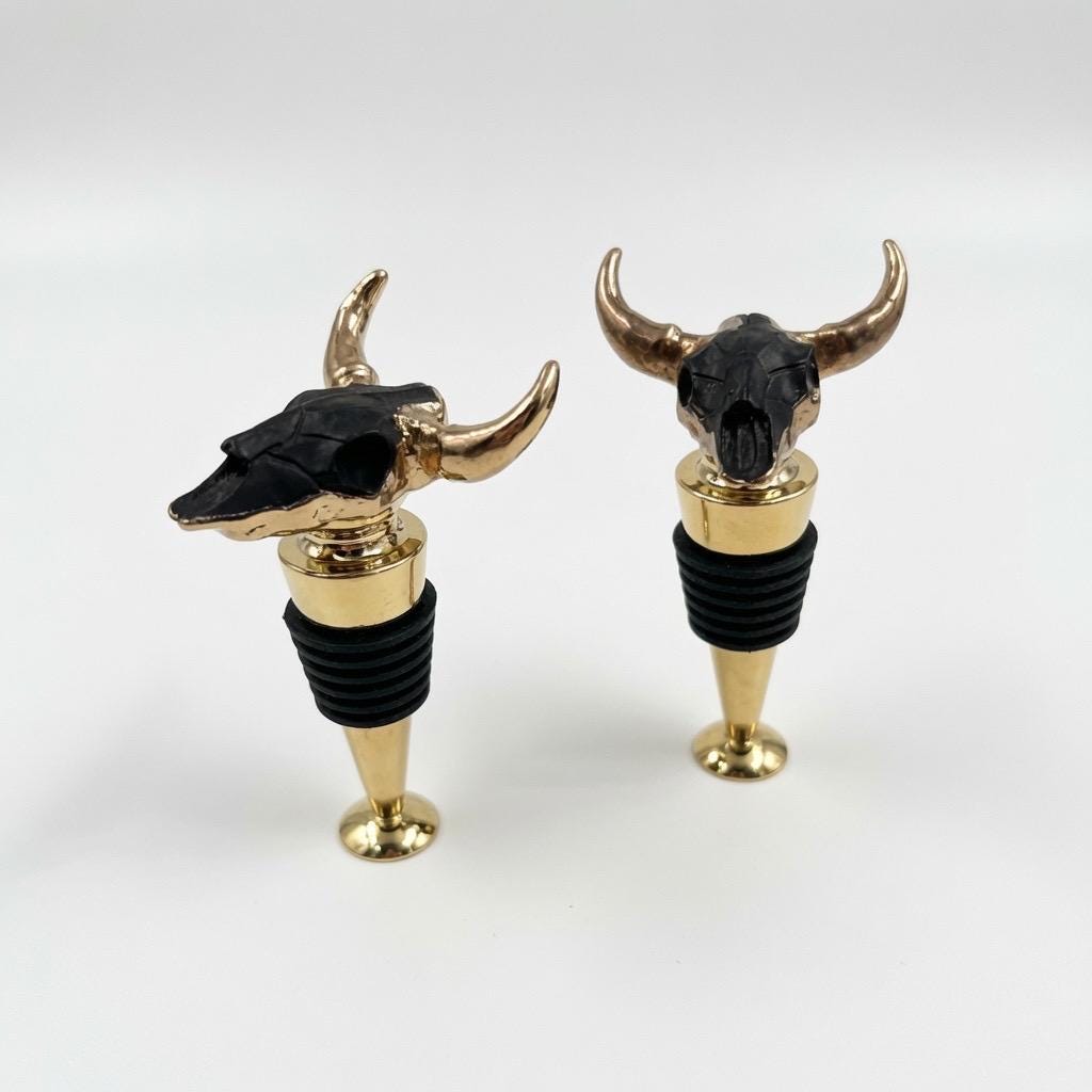 Longhorn Skull Wine Stopper | Black | Gold Horns | Chrome Stem | Rustic Western Farmhouse Barware