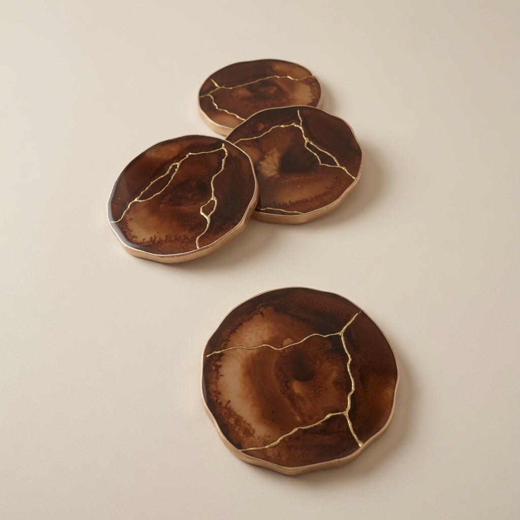 Kintsugi Gold Leaf | Epoxy Resin Coaster Set | Gold Edge Barware | Coffee Brown
