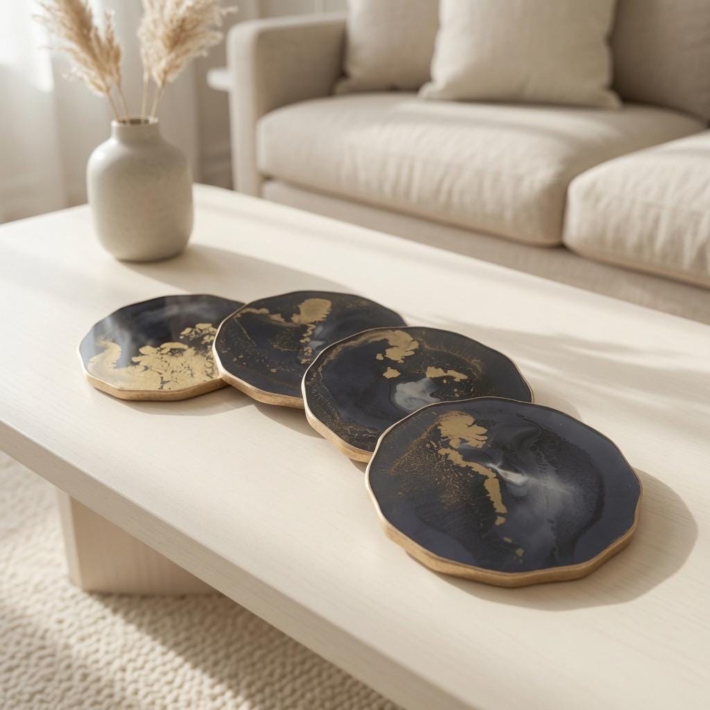 Black Gold Epoxy Resin Coasters | Gold Edge Drinkware | Modern Drinkware |