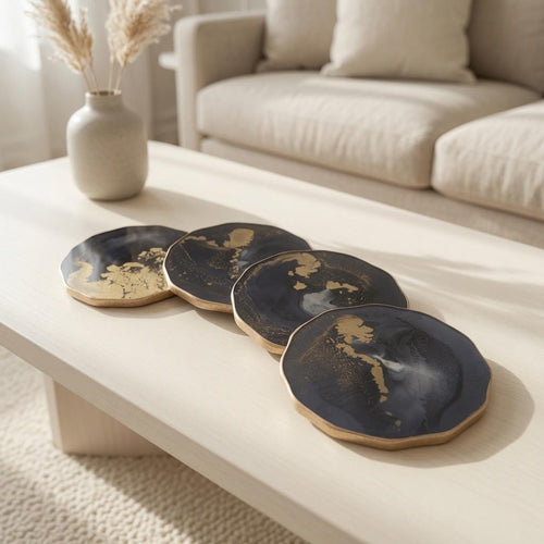 Black Gold Epoxy Resin Coasters | Gold Edge Drinkware | Modern Drinkware |