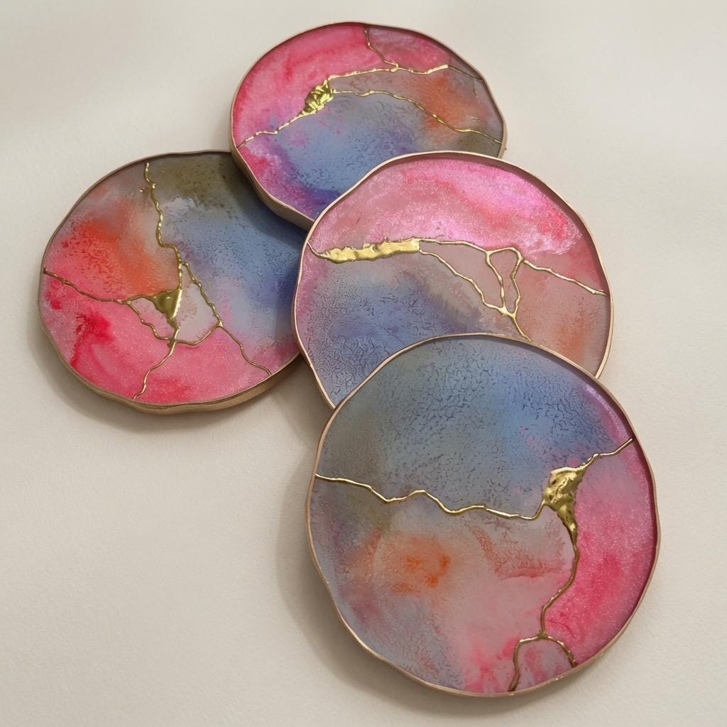 Kintsugi Gold Leaf | Epoxy Resin Coaster Set | Gold Edge Barware | Pink & Blue