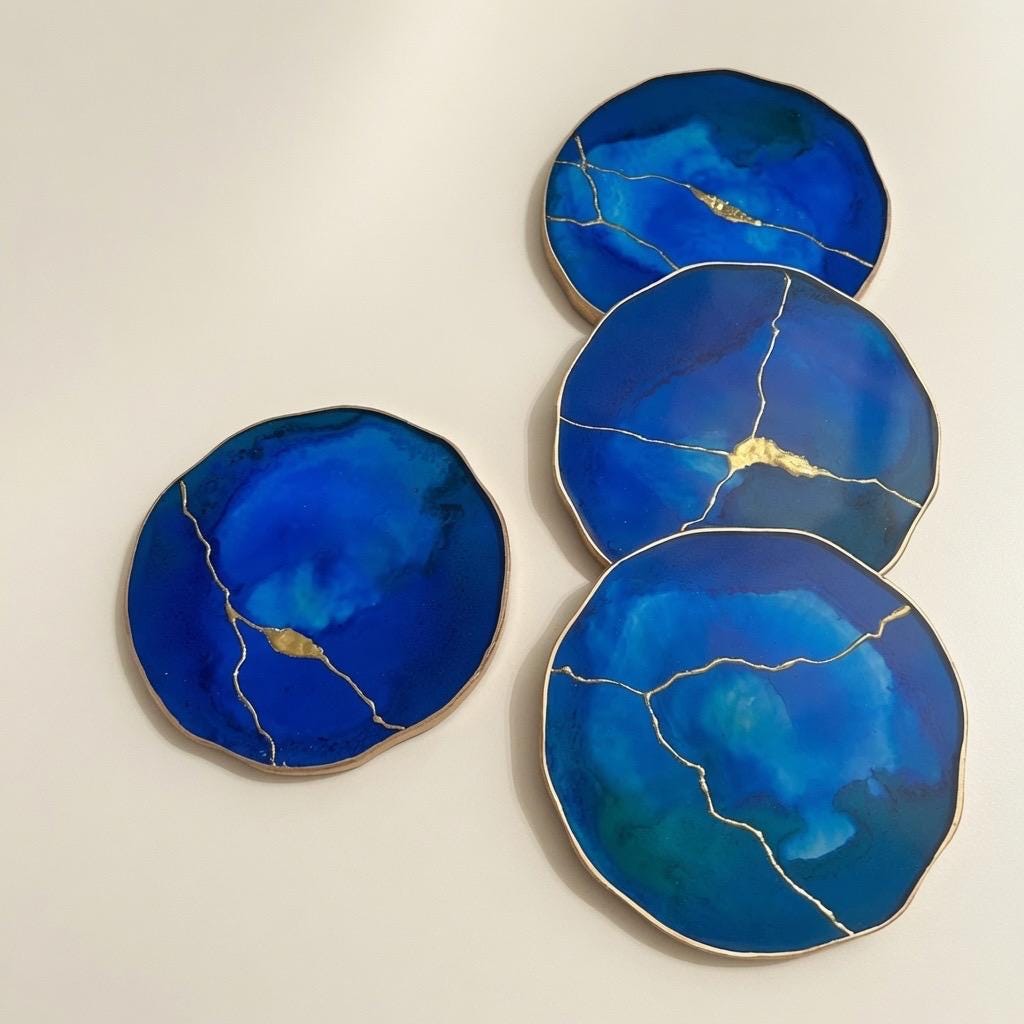 Kintsugi Gold Leaf | Epoxy Resin Coaster Set | Gold Edge Barware | Cobalt Blue