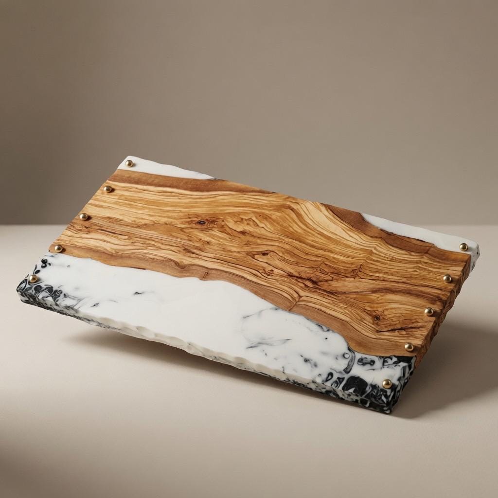 Italian Olive & Epoxy Resin Serving Tray | Charcuterie Board | Brass Accents |