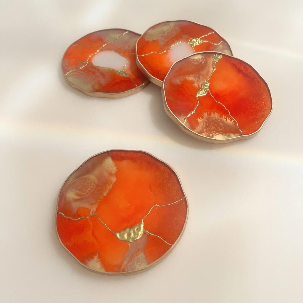 Kintsugi Gold Leaf | Epoxy Resin Coaster Set | Gold Edge Barware | Orange