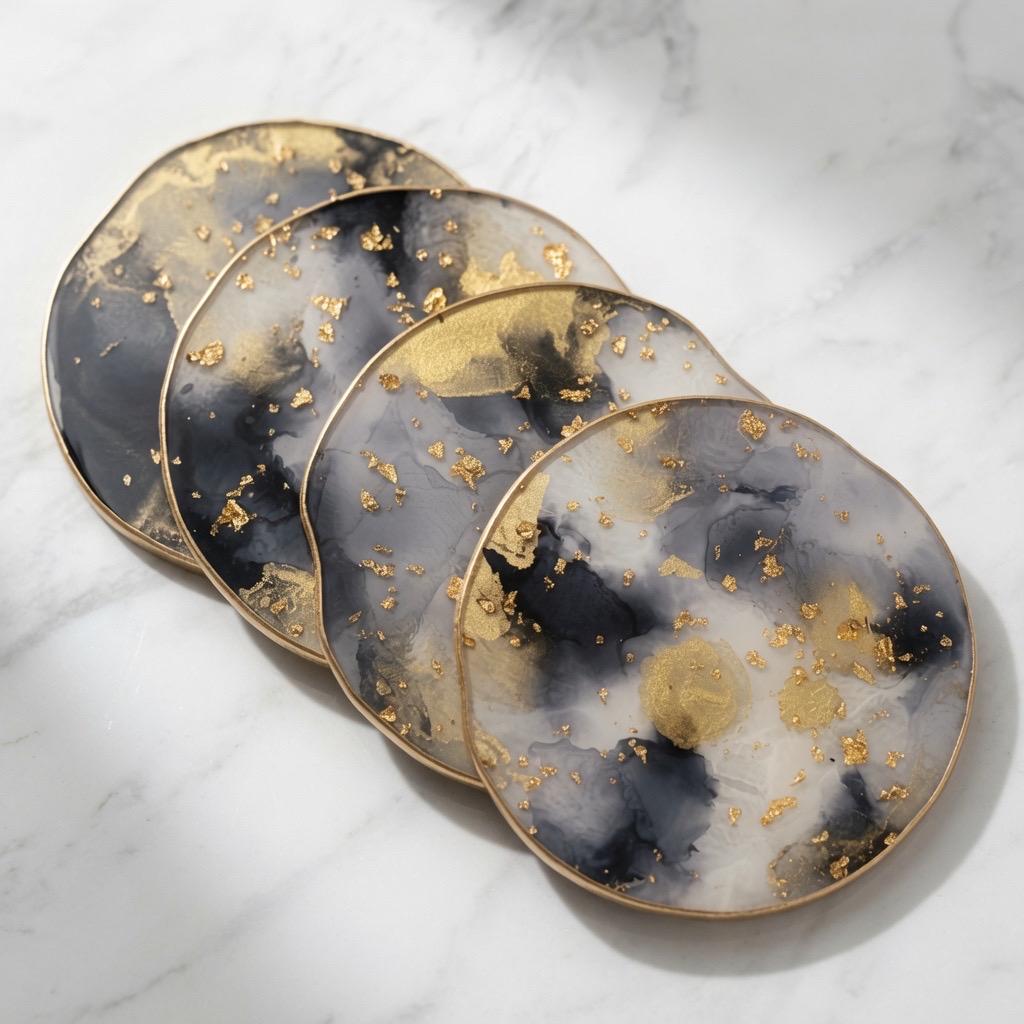 Black & White Gold Leaf | Epoxy Resin Coaster Set | Rustic Farmhouse Drinkware |