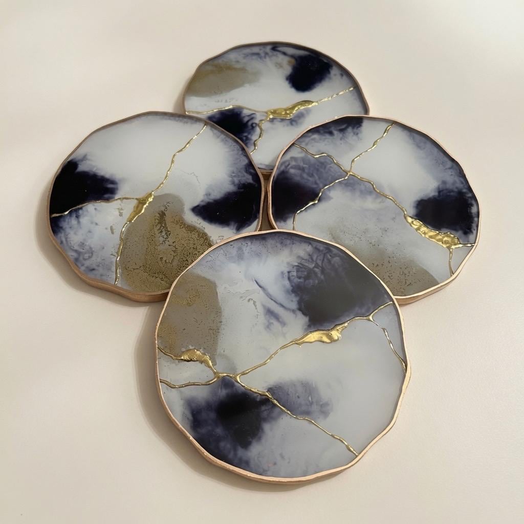 Kintsugi Gold Leaf | Epoxy Resin Coaster Set | Gold Edge Barware | Black & White