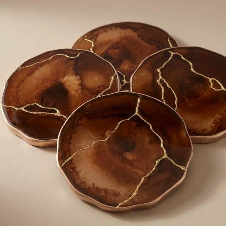Kintsugi Gold Leaf | Epoxy Resin Coaster Set | Gold Edge Barware | Coffee Brown