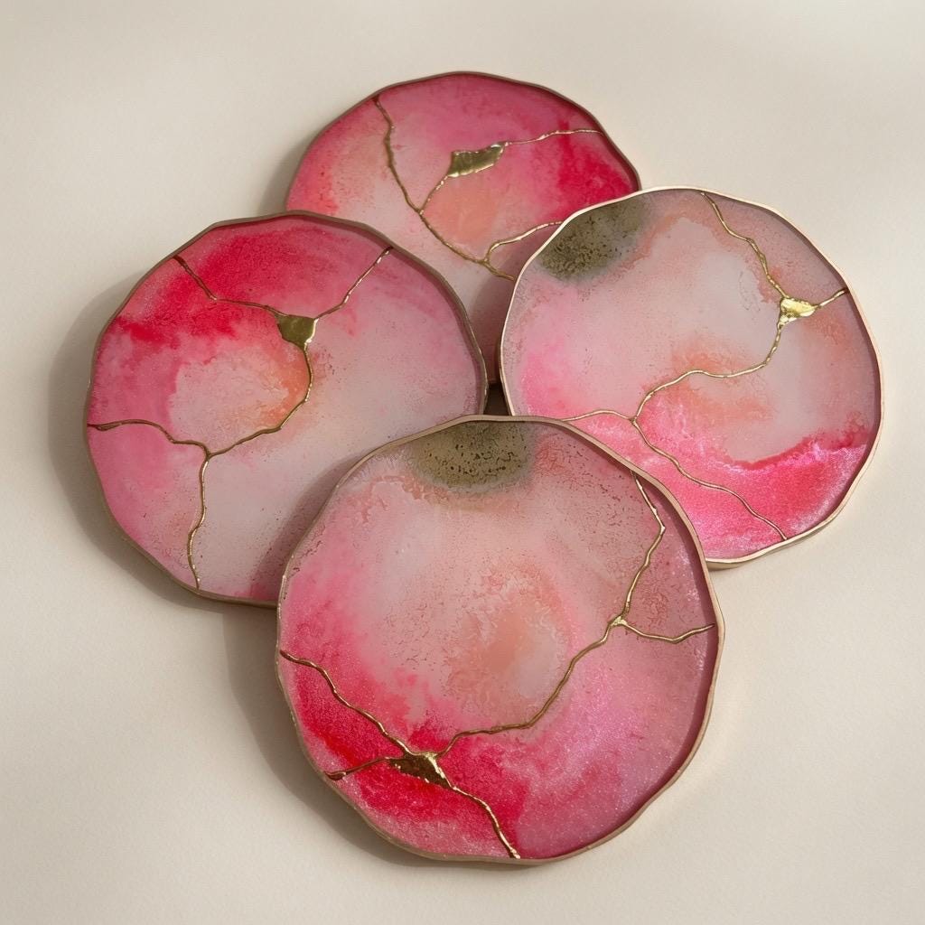 Kintsugi Gold Leaf | Epoxy Resin Coaster Set | Gold Edge Barware | Pink Quartz