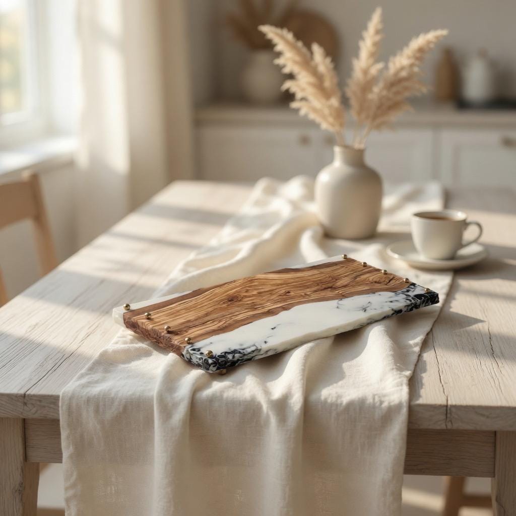Italian Olive & Epoxy Resin Serving Tray | Charcuterie Board | Brass Accents |