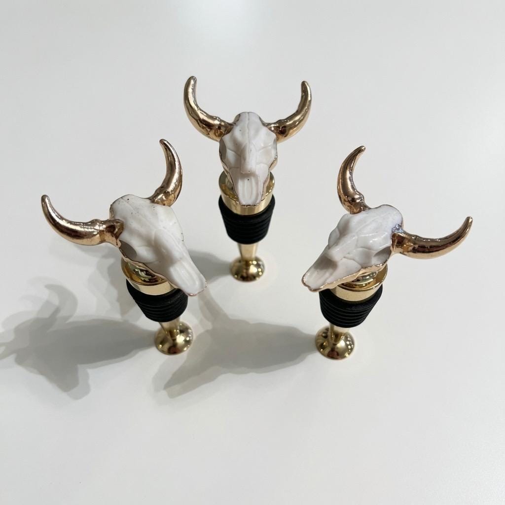 Longhorn Skull Wine Stopper | White | Gold Horns | Chrome Stem | Rustic Western Farmhouse Barware