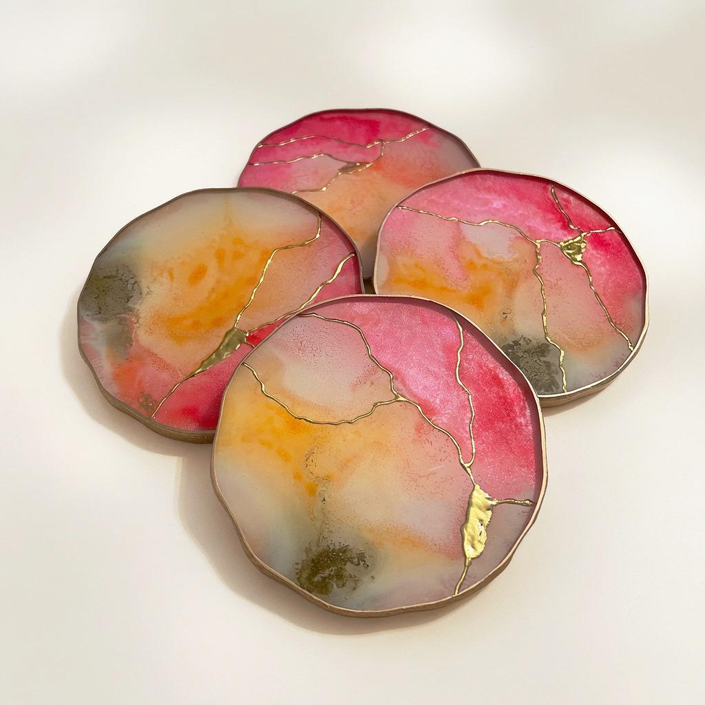 Kintsugi Gold Leaf | Epoxy Resin Coaster Set | Gold Edge Barware | Pink Quartz & Tangerine Orange