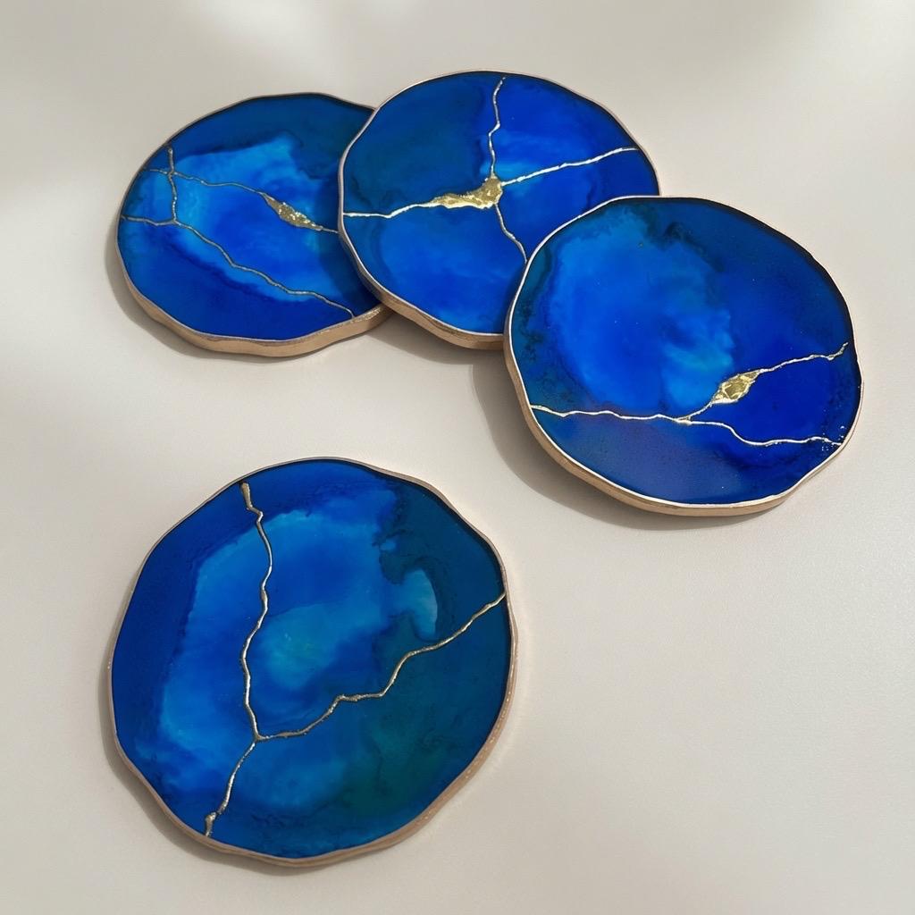 Kintsugi Gold Leaf | Epoxy Resin Coaster Set | Gold Edge Barware | Cobalt Blue