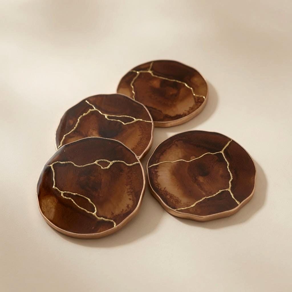Kintsugi Gold Leaf | Epoxy Resin Coaster Set | Gold Edge Barware | Coffee Brown