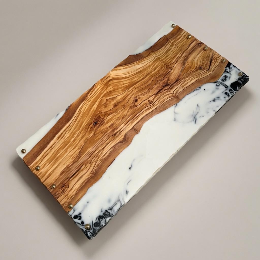 Italian Olive & Epoxy Resin Serving Tray | Charcuterie Board | Brass Accents |