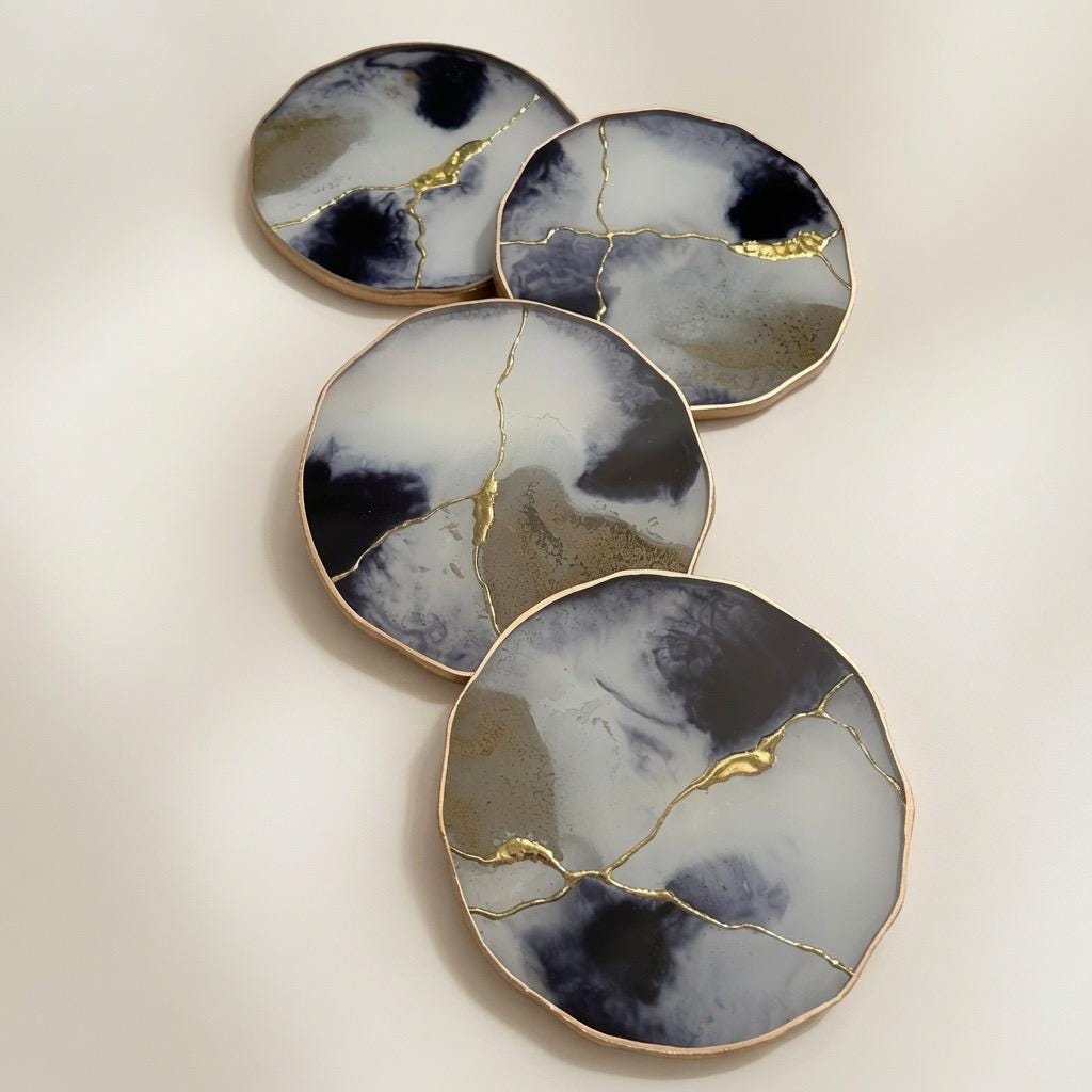 Kintsugi Gold Leaf | Epoxy Resin Coaster Set | Gold Edge Barware | Black & White