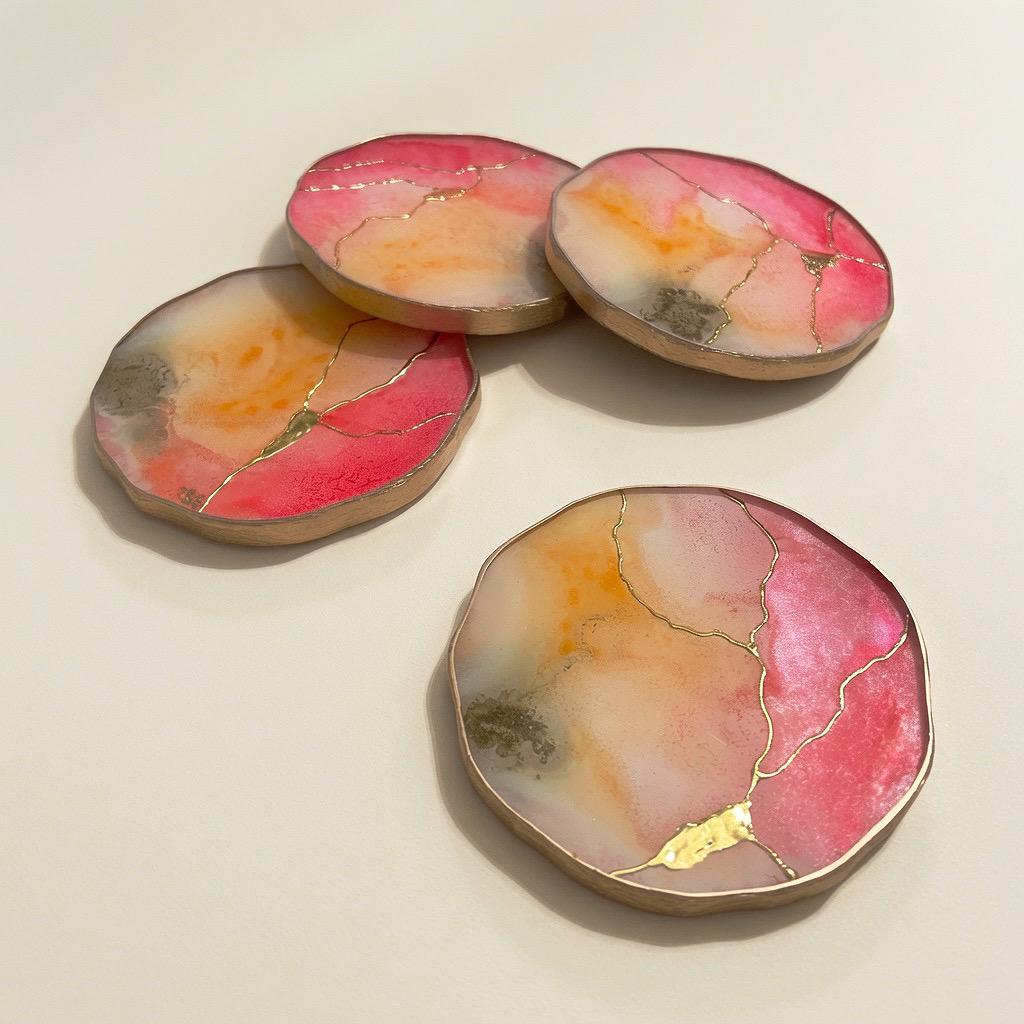 Kintsugi Gold Leaf | Epoxy Resin Coaster Set | Gold Edge Barware | Pink Quartz & Tangerine Orange