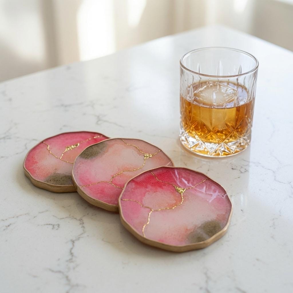 Kintsugi Gold Leaf | Epoxy Resin Coaster Set | Gold Edge Barware | Pink Quartz