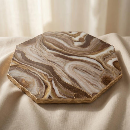 22" Marble Vein Epoxy Lazy Susan with Gold Accents