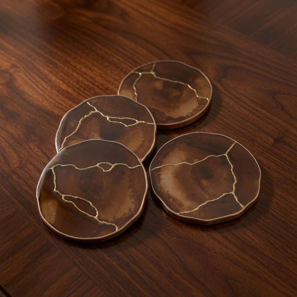 Kintsugi Gold Leaf | Epoxy Resin Coaster Set | Gold Edge Barware | Coffee Brown