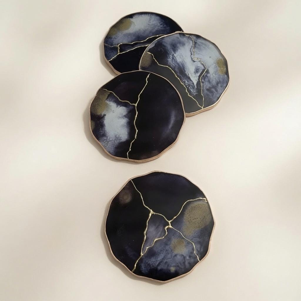 Kintsugi Gold Leaf | Epoxy Resin Coaster Set | Gold Edge Barware | Black & White