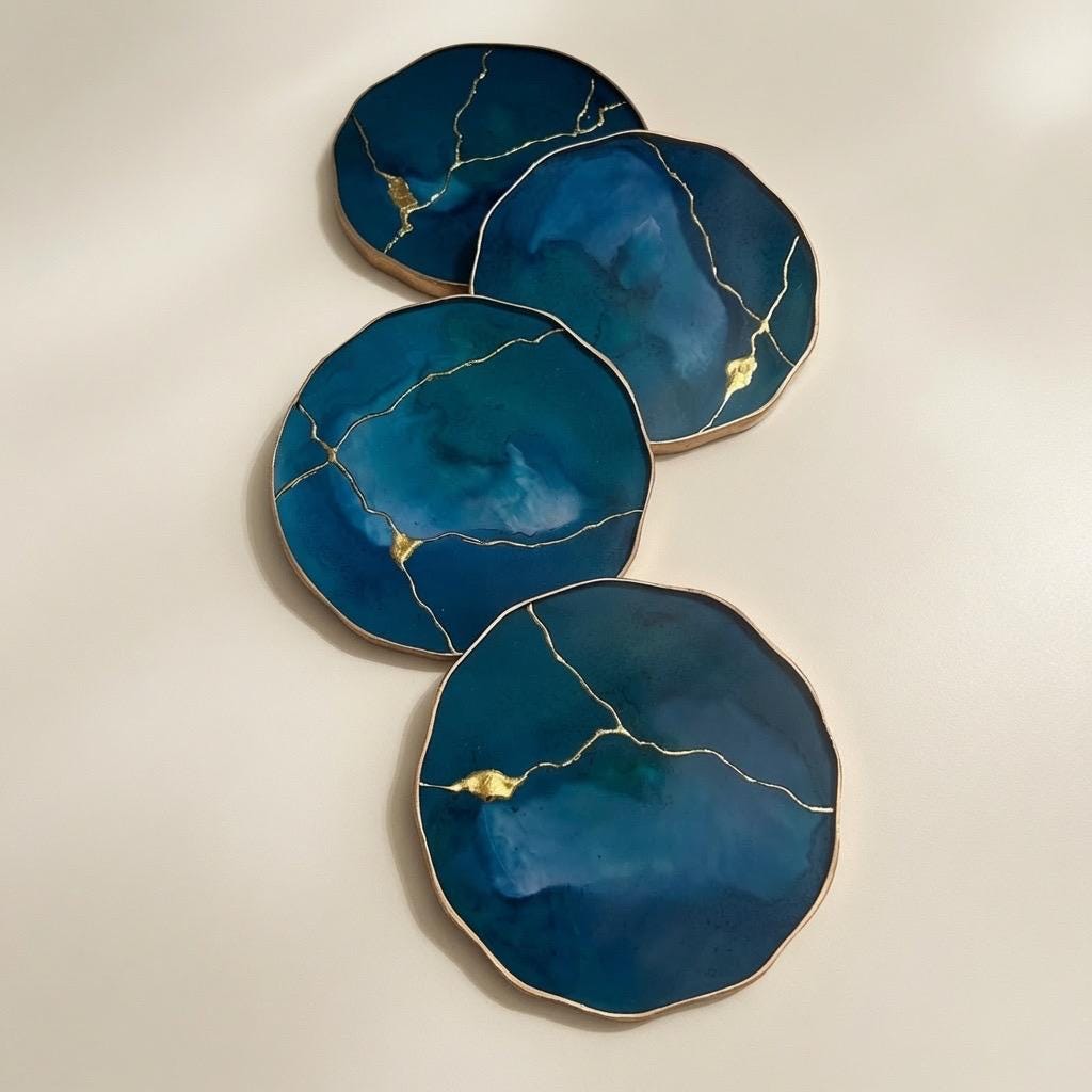 Kintsugi Gold Leaf | Epoxy Resin Coaster Set | Gold Edge Barware | Teal Blue