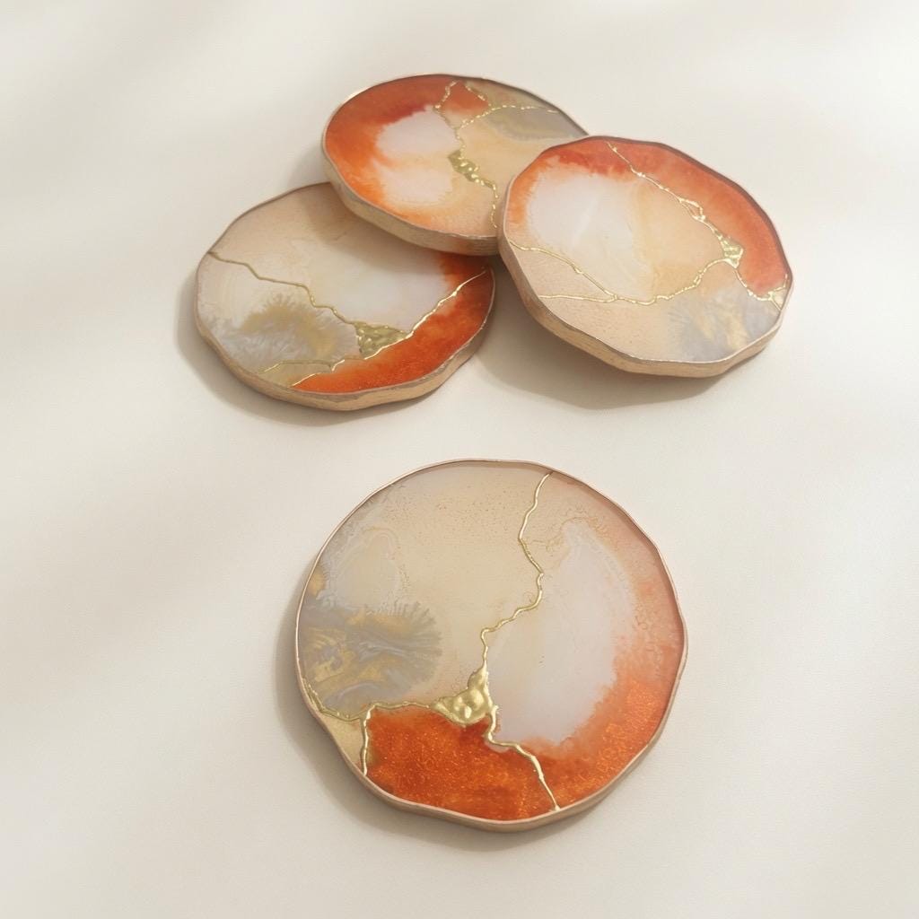 Kintsugi Gold Leaf | Epoxy Resin Coaster Set | Gold Edge Barware | Beige & Metallic Orange