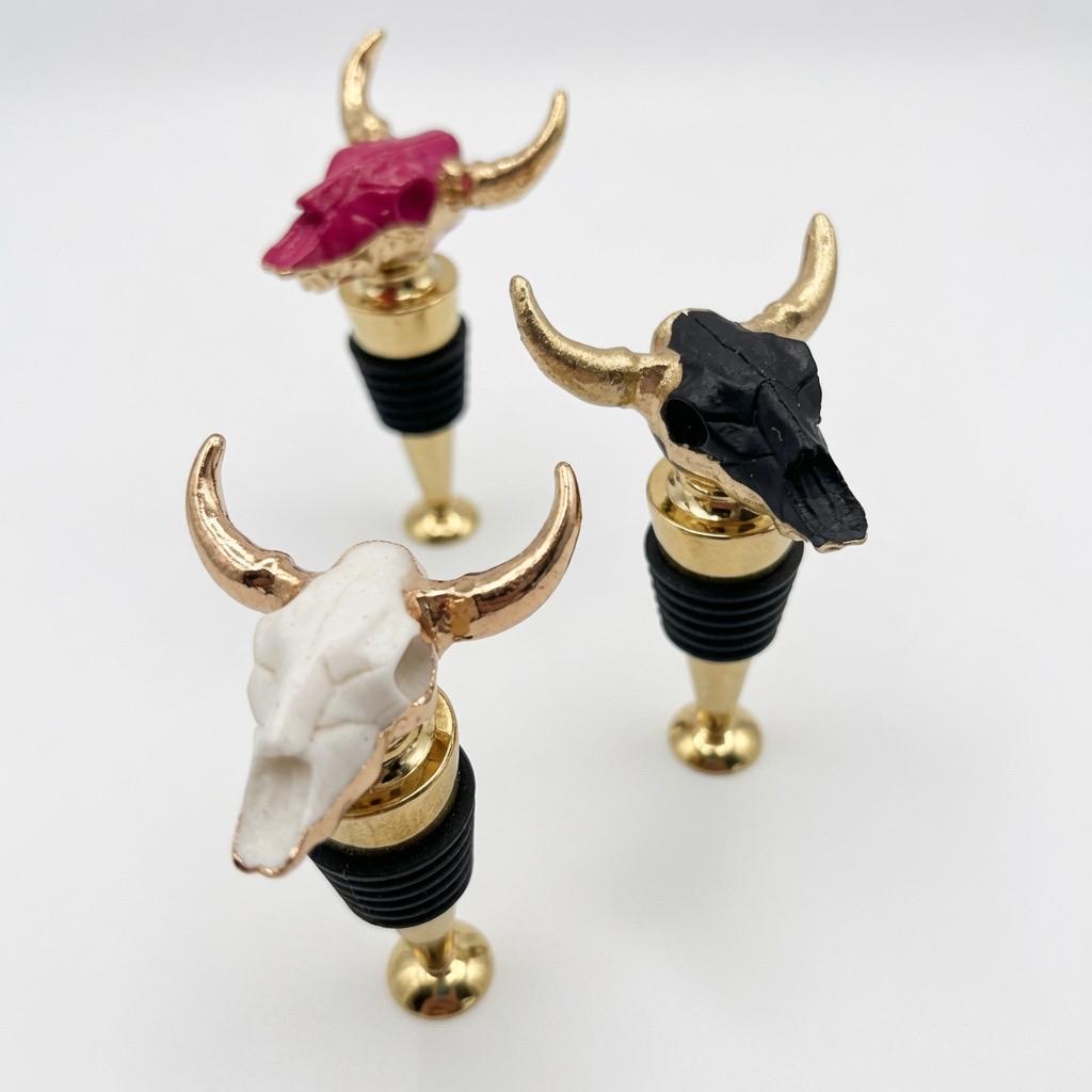 Longhorn Skull Wine Stopper | Black | Gold Horns | Chrome Stem | Rustic Western Farmhouse Barware
