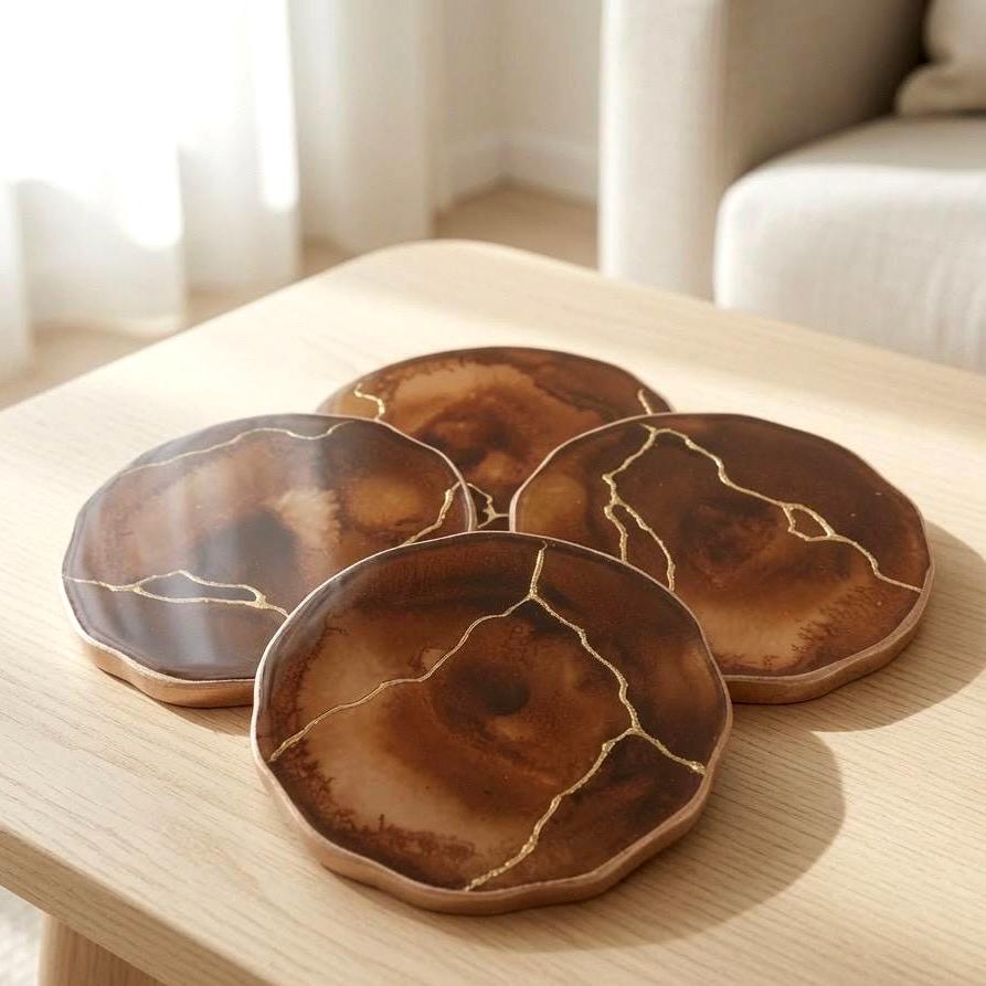 Kintsugi Gold Leaf | Epoxy Resin Coaster Set | Gold Edge Barware | Coffee Brown