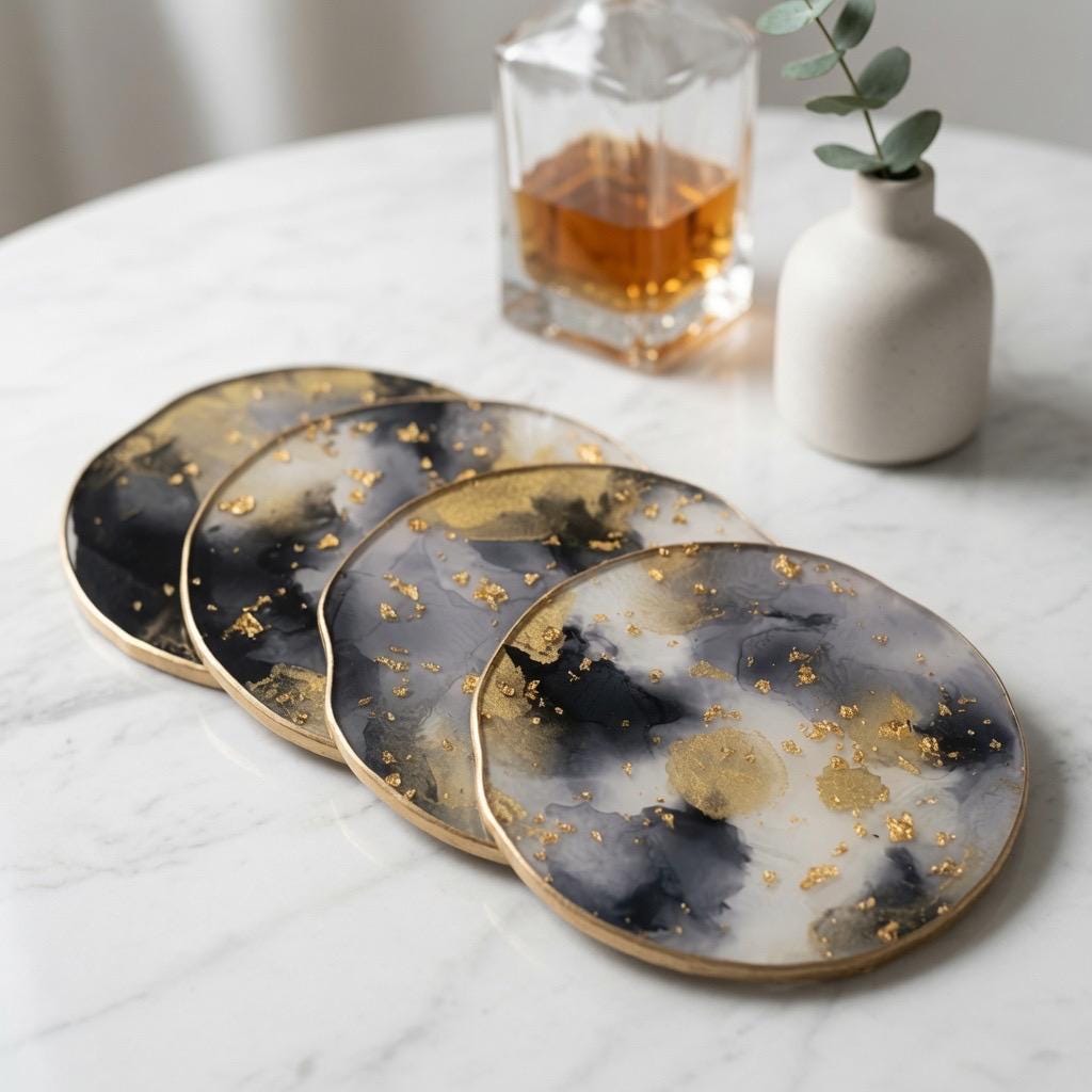 Black & White Gold Leaf | Epoxy Resin Coaster Set | Rustic Farmhouse Drinkware |