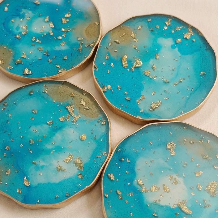 Turquoise and Gold Leaf - Gold Rim Drinkware - Epoxy Resin Coaster Set