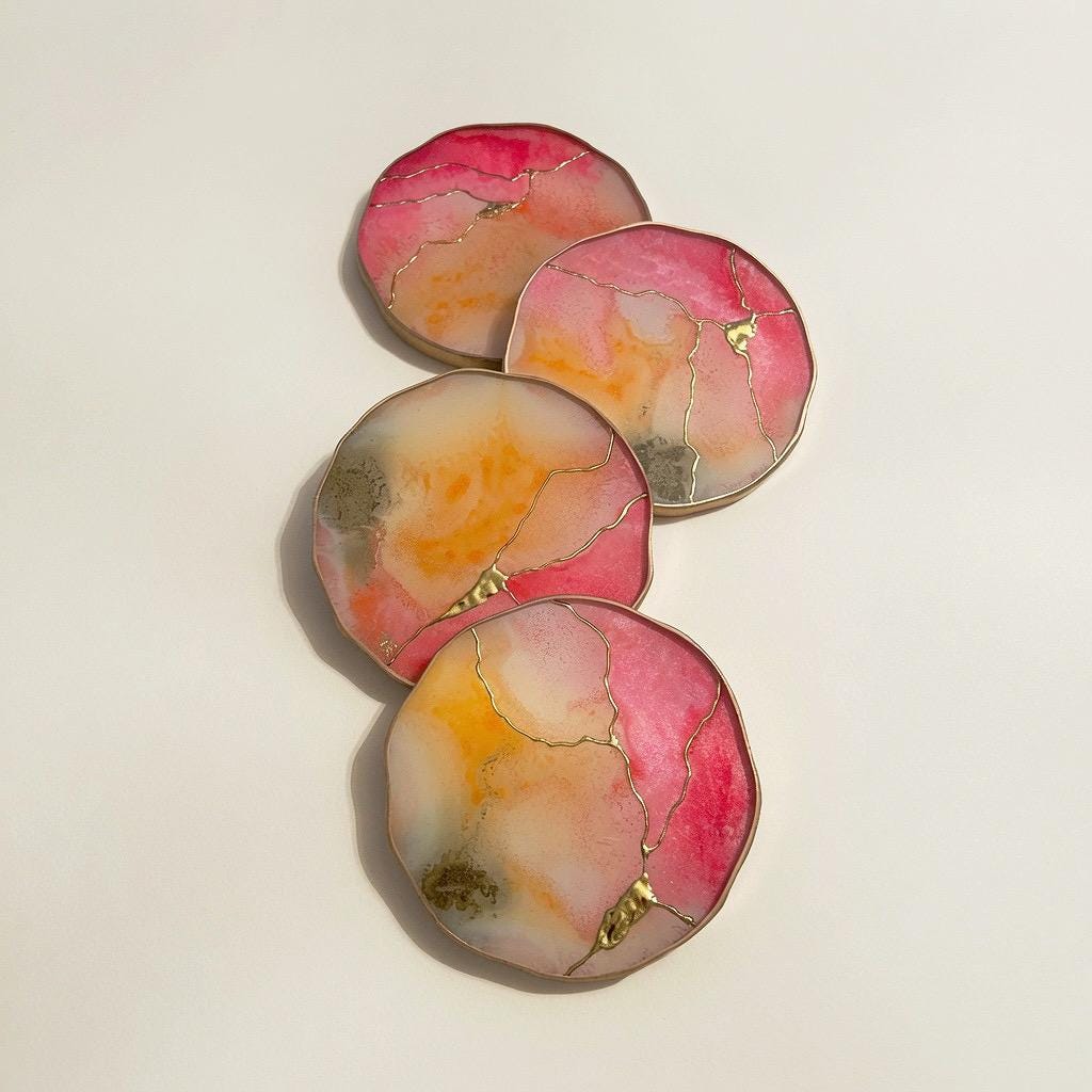 Kintsugi Gold Leaf | Epoxy Resin Coaster Set | Gold Edge Barware | Pink Quartz & Tangerine Orange