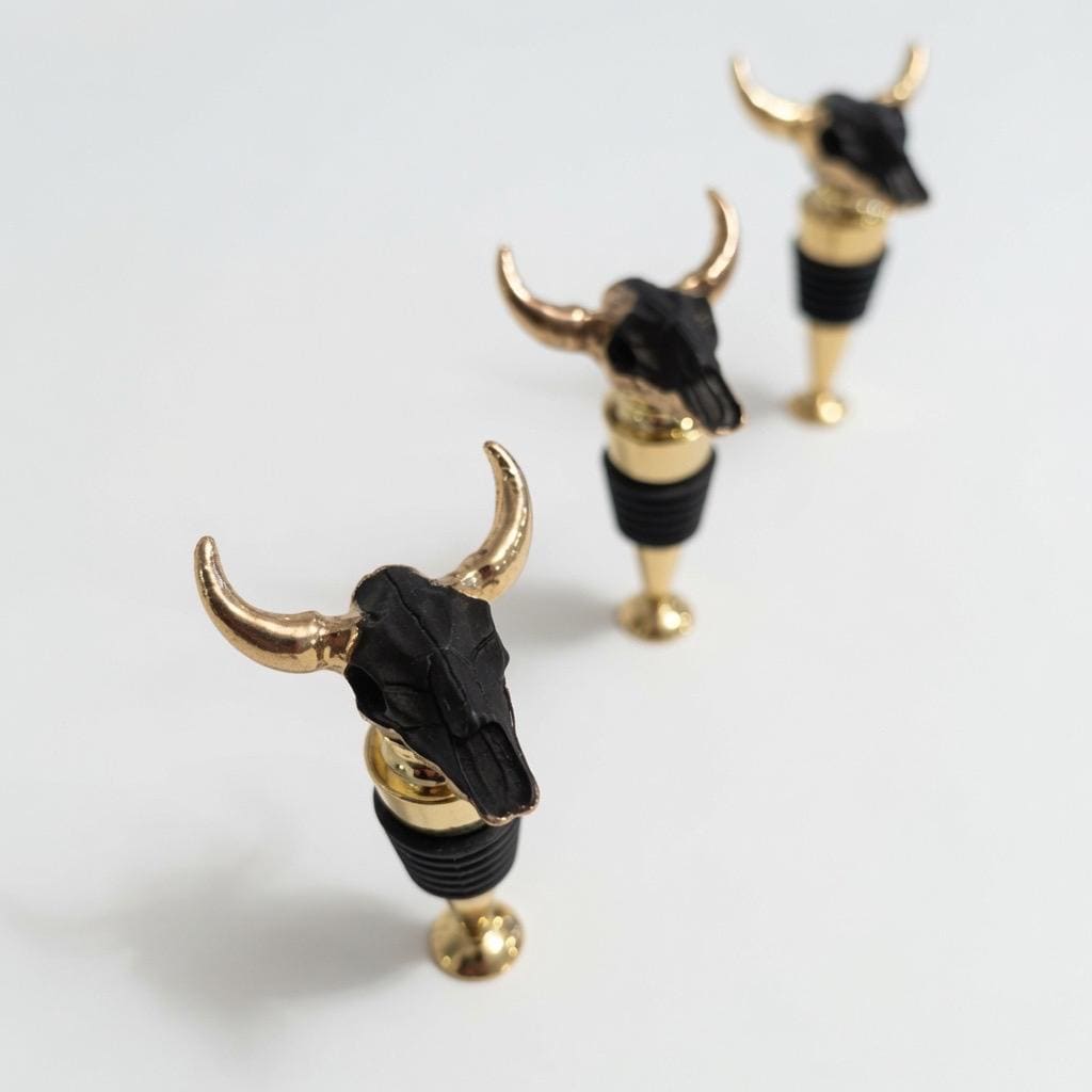 Longhorn Skull Wine Stopper | Black | Gold Horns | Chrome Stem | Rustic Western Farmhouse Barware