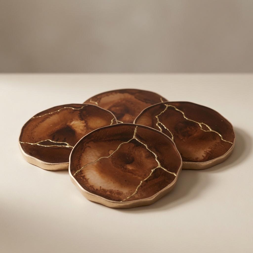 Kintsugi Gold Leaf | Epoxy Resin Coaster Set | Gold Edge Barware | Coffee Brown