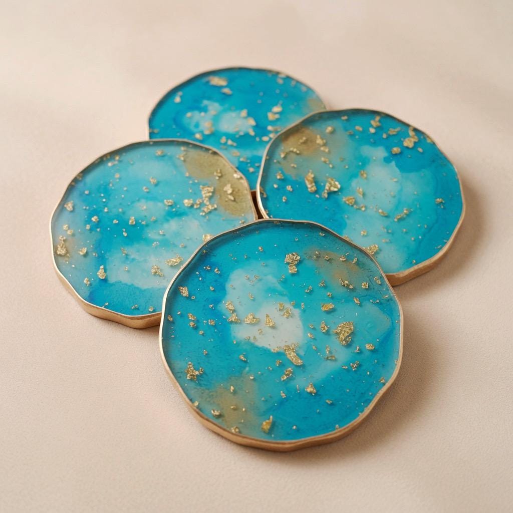 Turquoise and Gold Leaf - Gold Rim Drinkware - Epoxy Resin Coaster Set