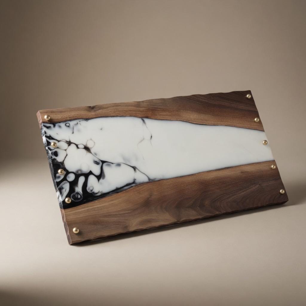Black Walnut & Epoxy Resin Tray | Black White Marble | Gold Accents |