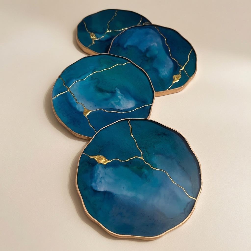 Kintsugi Gold Leaf | Epoxy Resin Coaster Set | Gold Edge Barware | Teal Blue