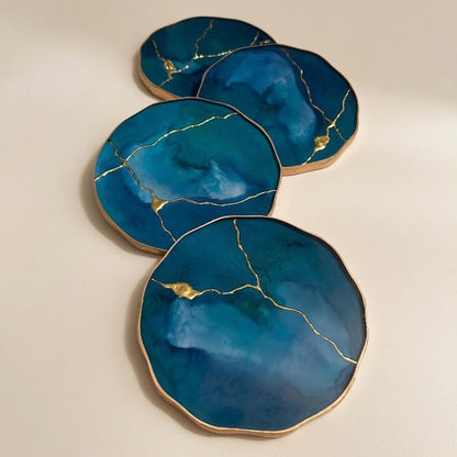 Teal Blue Kintsugi Epoxy Resin Coasters