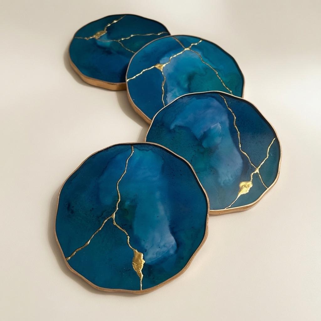 Kintsugi Gold Leaf | Epoxy Resin Coaster Set | Gold Edge Barware | Teal Blue