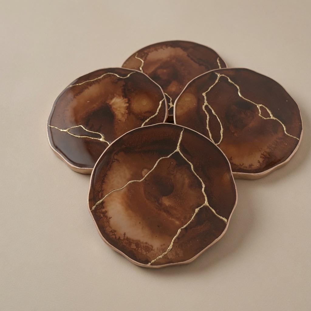 Kintsugi Gold Leaf | Epoxy Resin Coaster Set | Gold Edge Barware | Coffee Brown