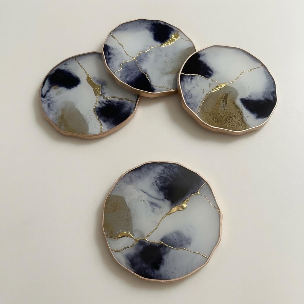 Kintsugi Gold Leaf | Epoxy Resin Coaster Set | Gold Edge Barware | Black & White
