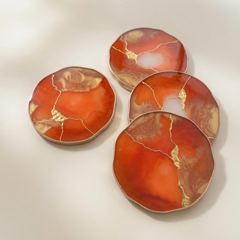 Kintsugi Gold Leaf | Epoxy Resin Coaster Set | Gold Edge Barware | Orange